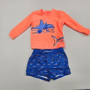 2pc Boys Carters Shark Long Sleeve Rash Guard Shorts Bathing Shorts Size 12month